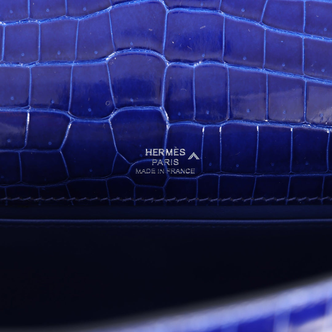 Hermes Kelly Pochette Bleu Electric Shiny Porosus Crocodile Palladium Hardware