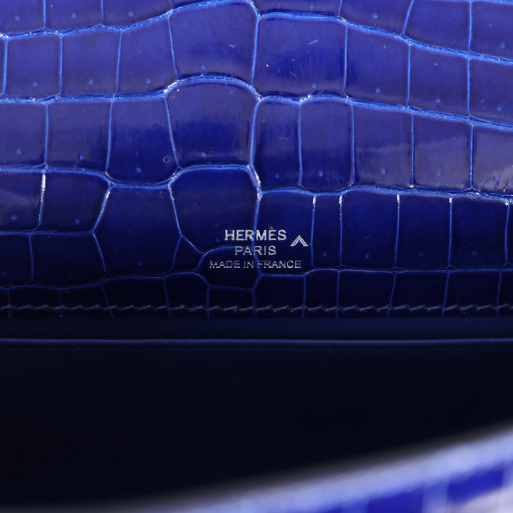 Hermes Kelly Pochette Bleu Electric Shiny Porosus Crocodile Palladium Hardware