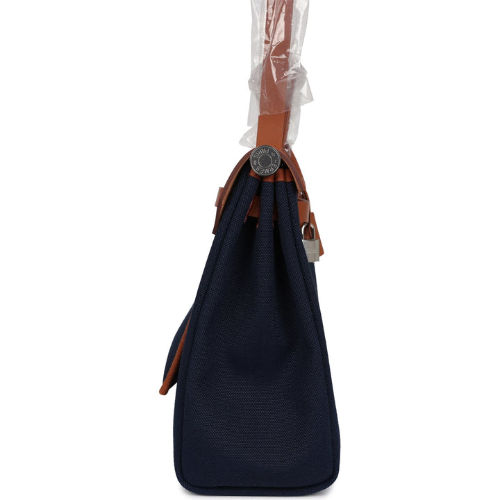 Hermes Herbag Zip PM 31 Bleu Indigo Toile H & Fauve Vache Hunter Palladium Hardware