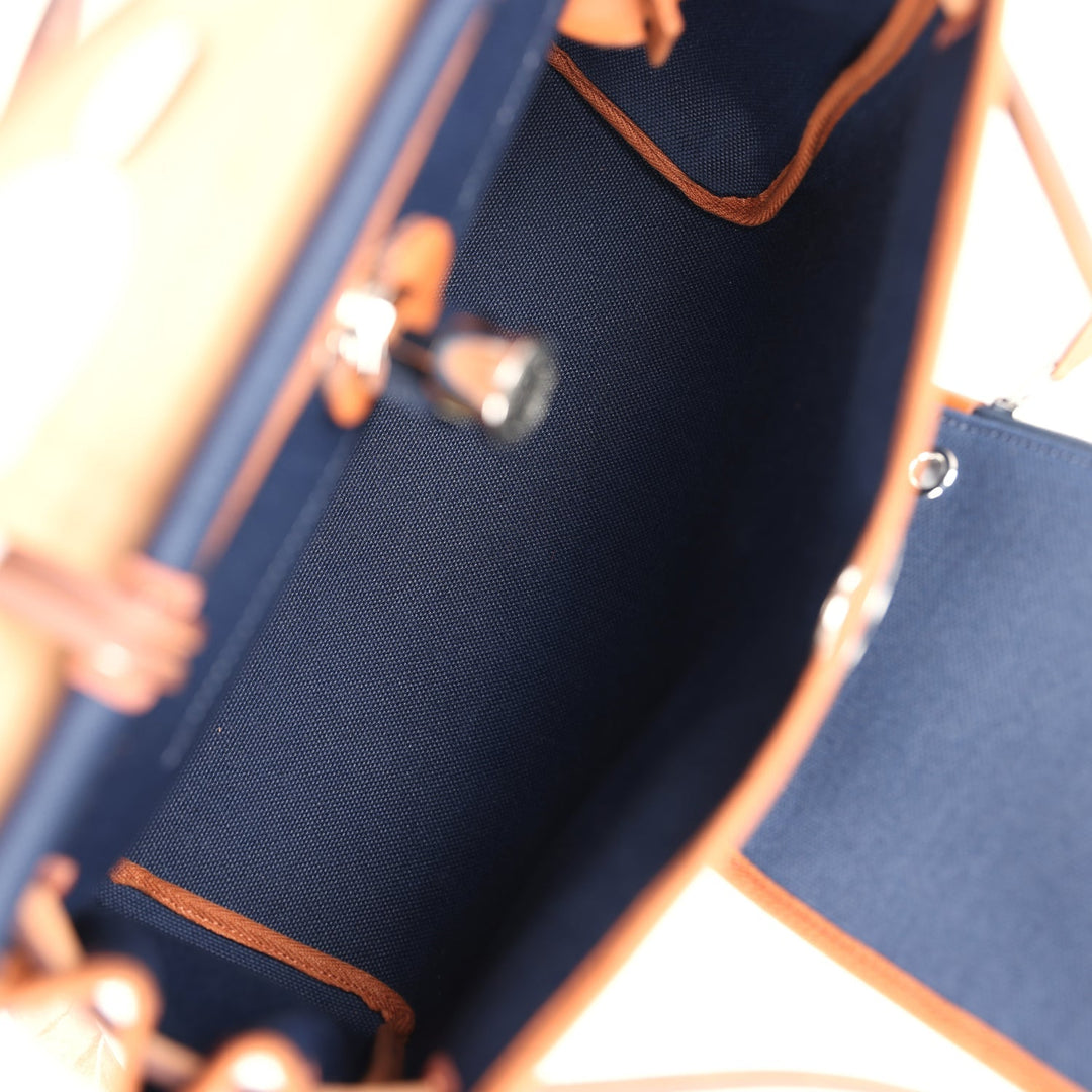 Hermes Herbag Zip PM 31 Bleu Indigo Toile H & Fauve Vache Hunter Palladium Hardware