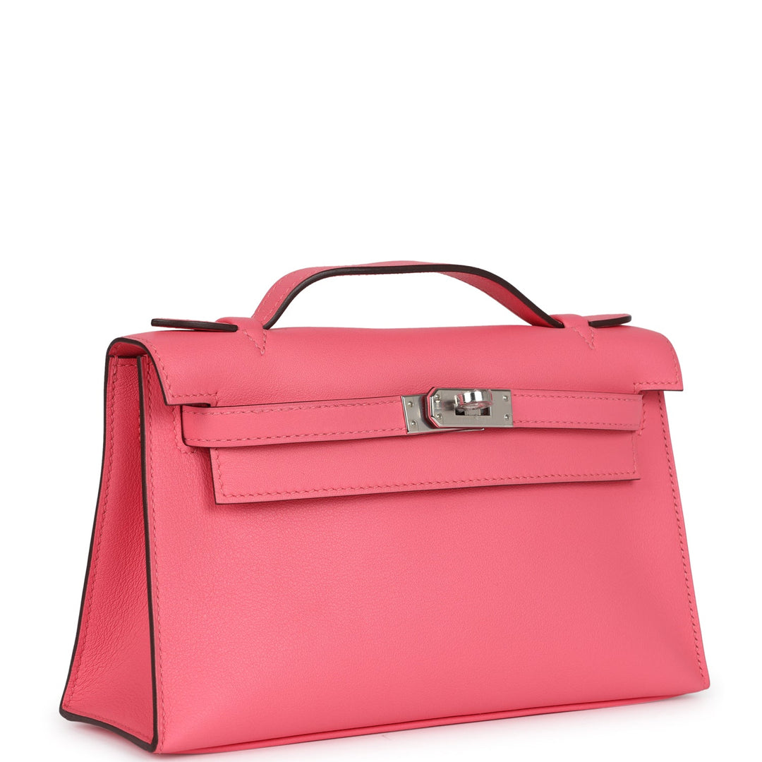Hermes Kelly Pochette Rose Azalee Swift Palladium Hardware