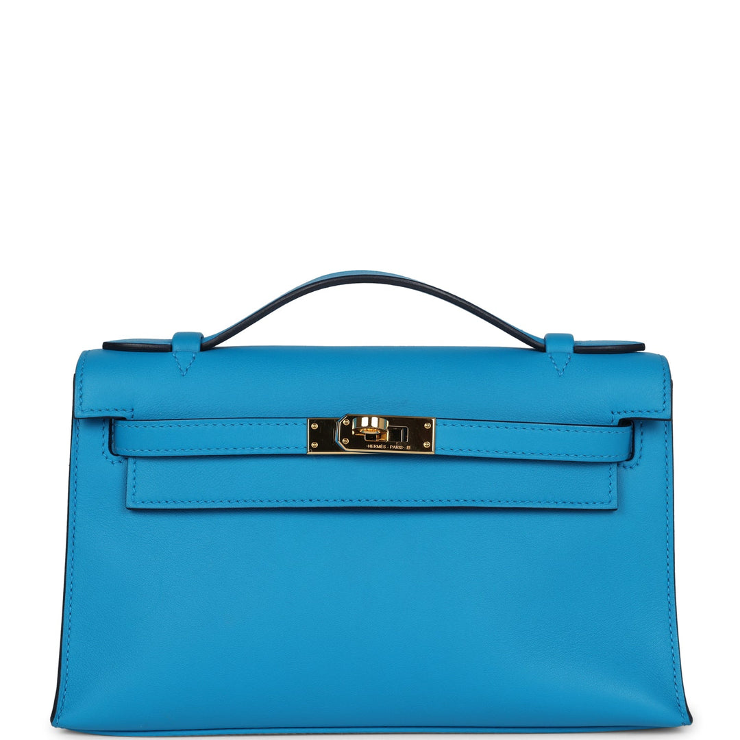 New Hermes Kelly Pochette Bleu Frida Swift Gold Hardware