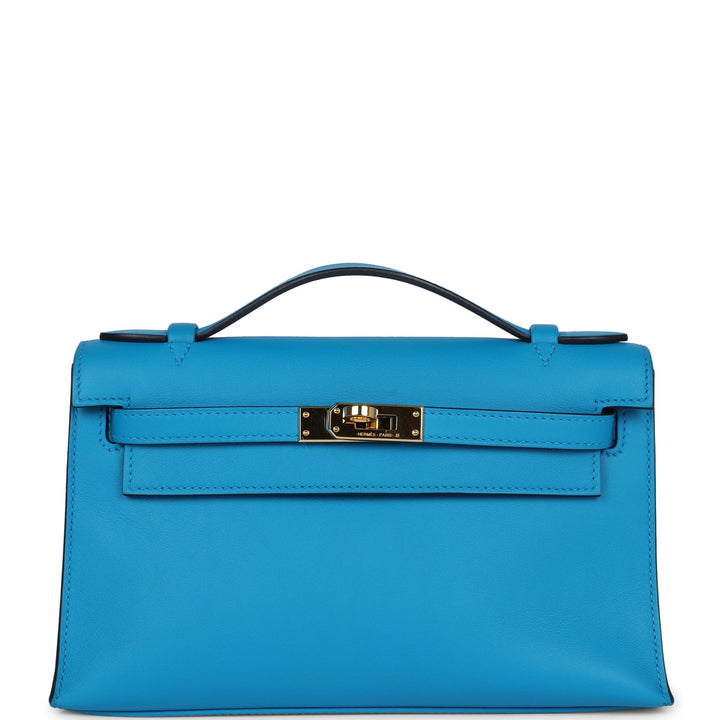 New Hermes Kelly Pochette Bleu Frida Swift Gold Hardware