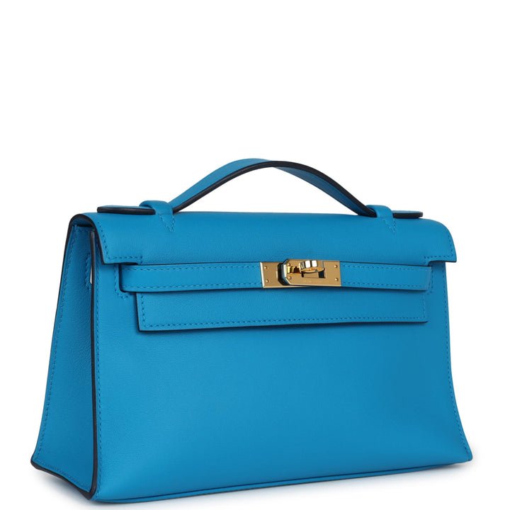 New Hermes Kelly Pochette Bleu Frida Swift Gold Hardware