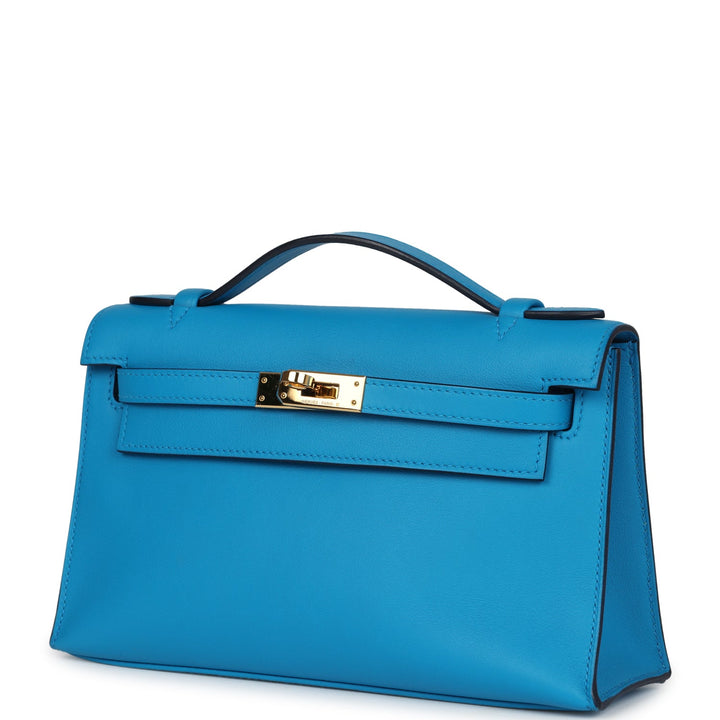 New Hermes Kelly Pochette Bleu Frida Swift Gold Hardware