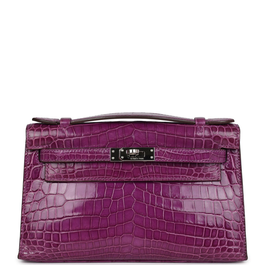 New Hermes Kelly Pochette Violet Shiny Niloticus Crocodile Palladium Hardware