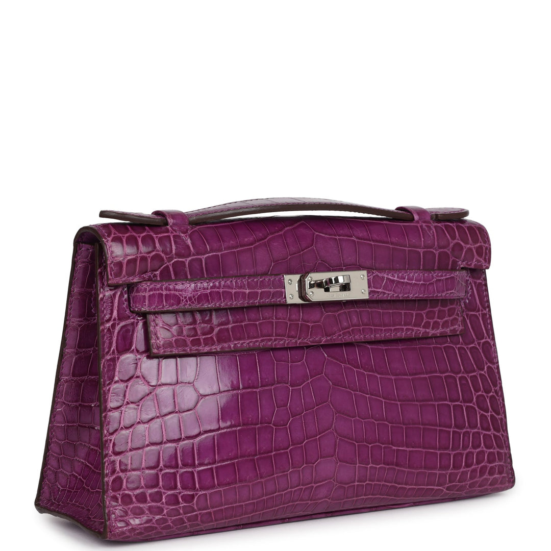 New Hermes Kelly Pochette Violet Shiny Niloticus Crocodile Palladium Hardware