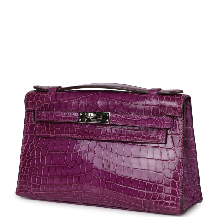New Hermes Kelly Pochette Violet Shiny Niloticus Crocodile Palladium Hardware