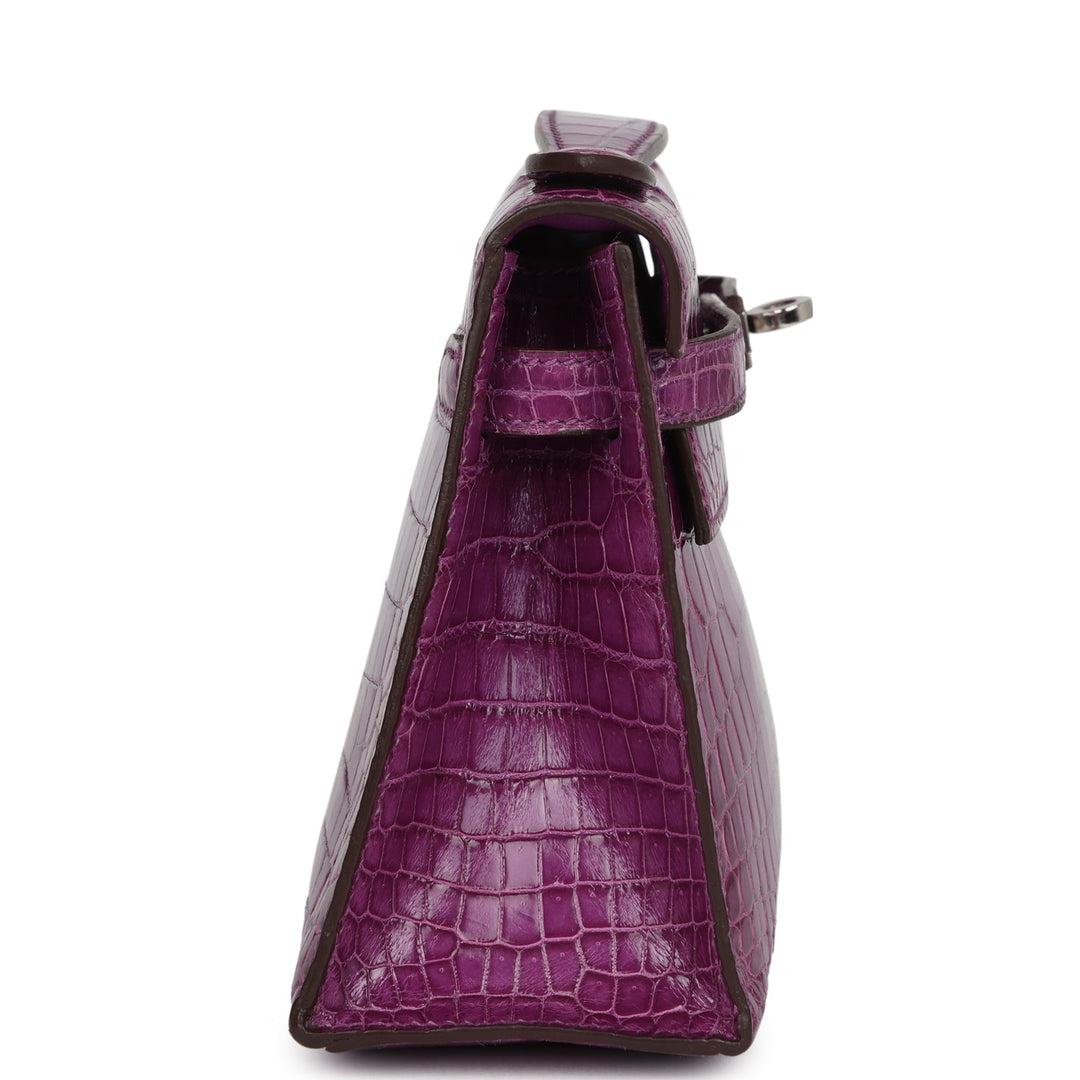 New Hermes Kelly Pochette Violet Shiny Niloticus Crocodile Palladium Hardware