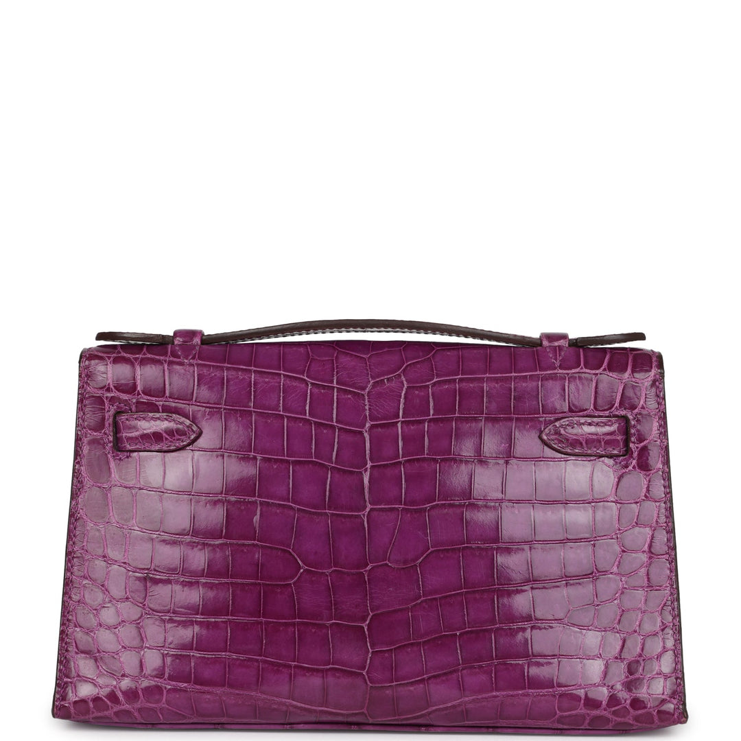 New Hermes Kelly Pochette Violet Shiny Niloticus Crocodile Palladium Hardware