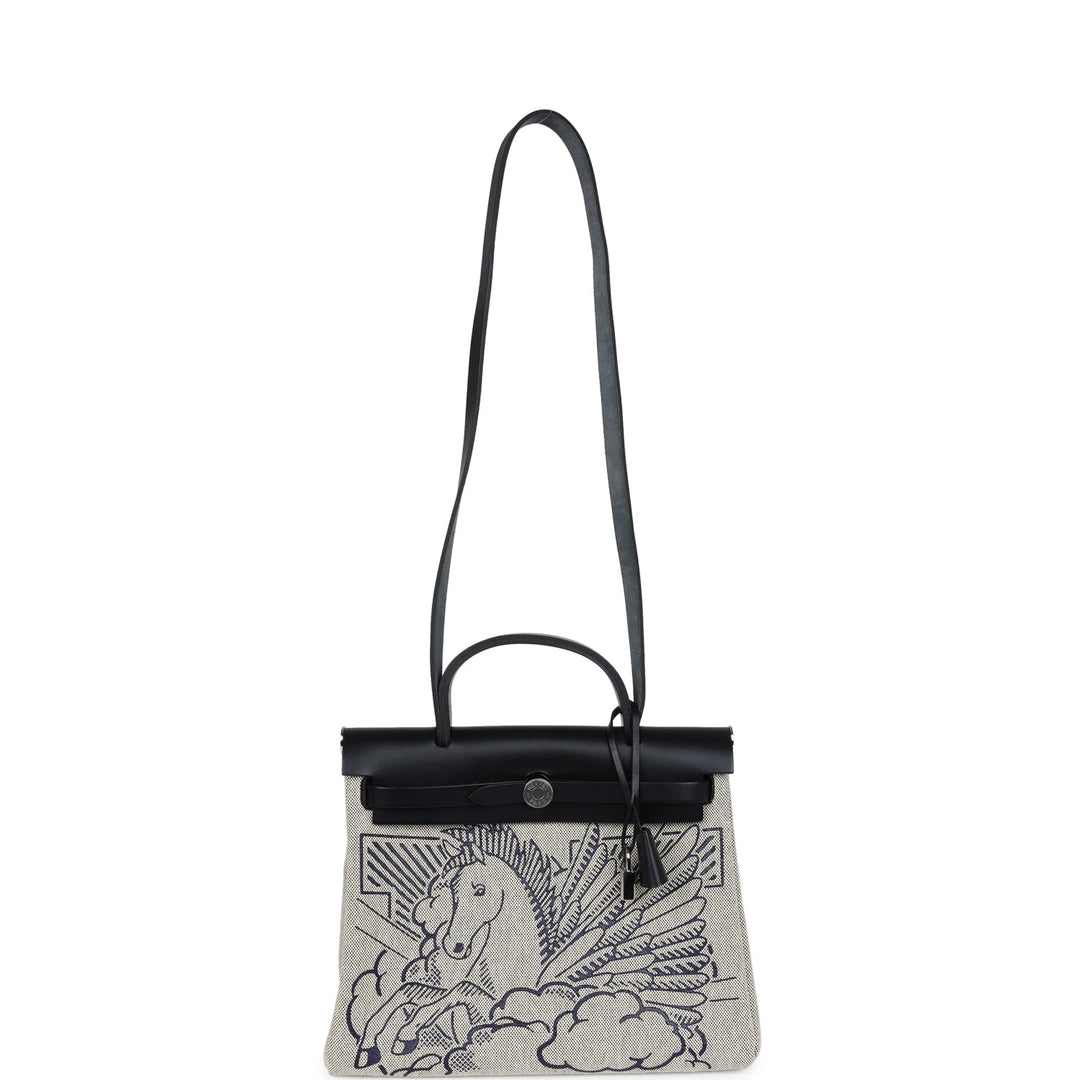 Hermes Herbag Zip Pegase Pop PM 31 Ecru Toile H Canvas and Black Hunter Palladium Hardware