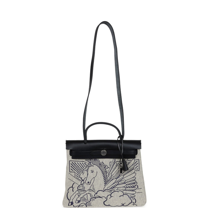 Hermes Herbag Zip Pegase Pop PM 31 Ecru Toile H Canvas and Black Hunter Palladium Hardware