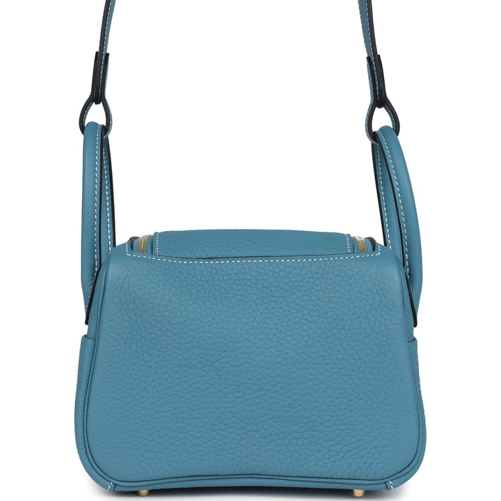 Hermes Mini Lindy Blue Jean Clemence Gold Hardware