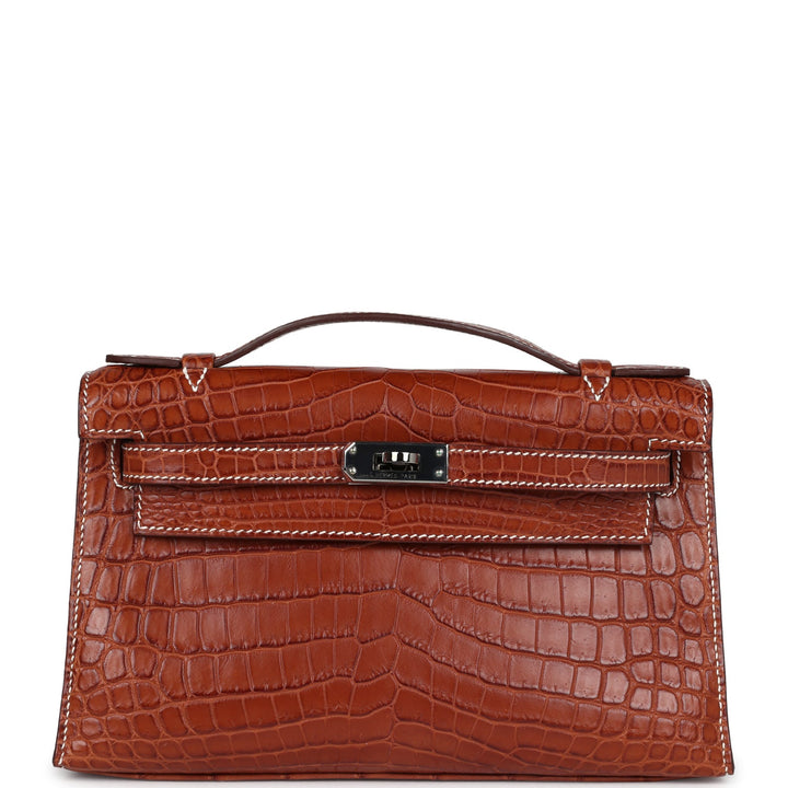 Hermes Kelly Pochette Fauve Matte Niloticus Crocodile Ruthenium Hardware