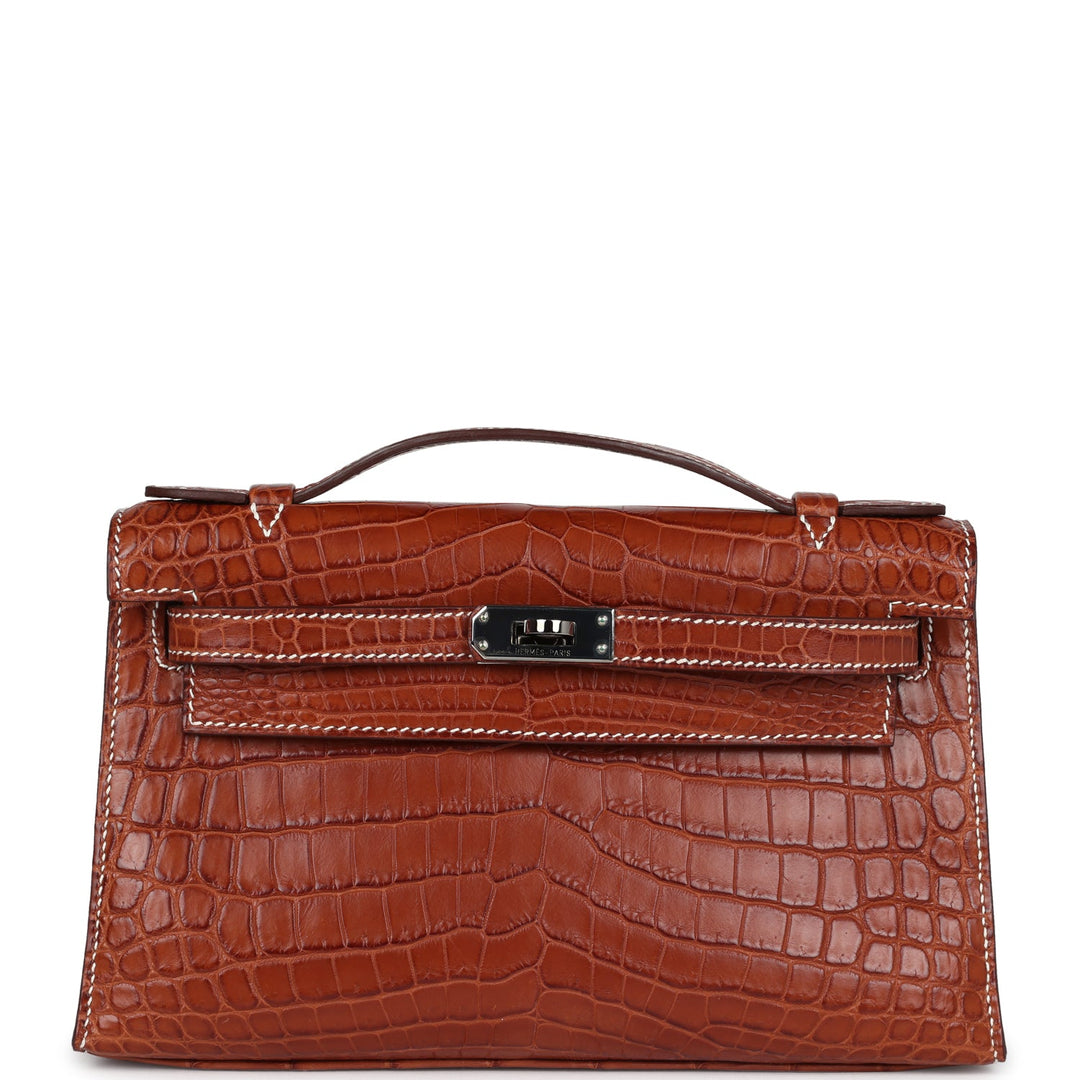 New Hermes Kelly Pochette Fauve Matte Niloticus Crocodile Ruthenium Hardware