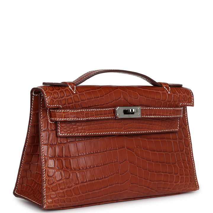 New Hermes Kelly Pochette Fauve Matte Niloticus Crocodile Ruthenium Hardware