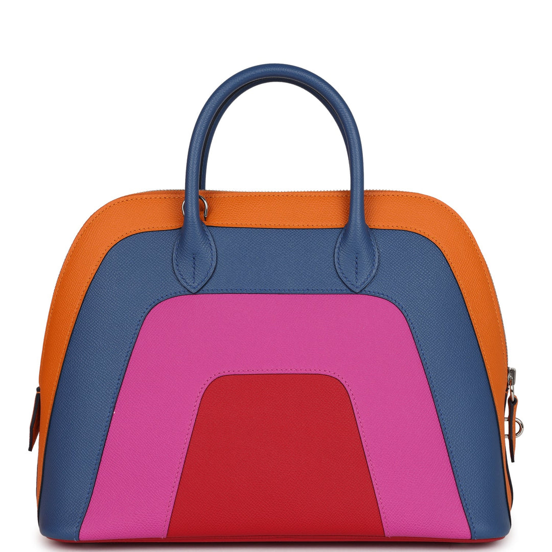 Hermes "Sunset" Rainbow Bolide 31 Abricot, Bleu Agate, Magnolia and Rouge Casaque Epsom Palladium Hardware