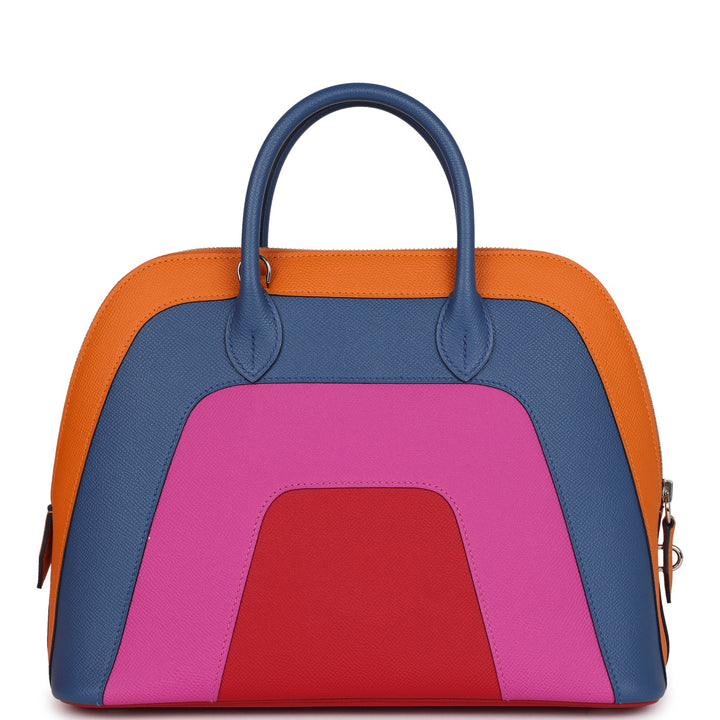 Hermes "Sunset" Rainbow Bolide 31 Abricot, Bleu Agate, Magnolia and Rouge Casaque Epsom Palladium Hardware