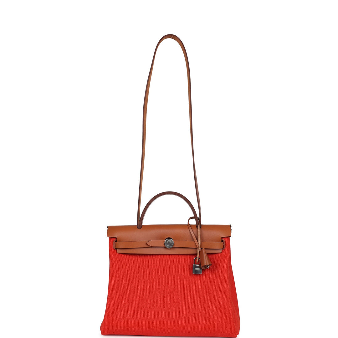 Hermes Herbag Zip PM 31 Capucine Toile Militaire & Fauve Vache Hunter Palladium Hardware