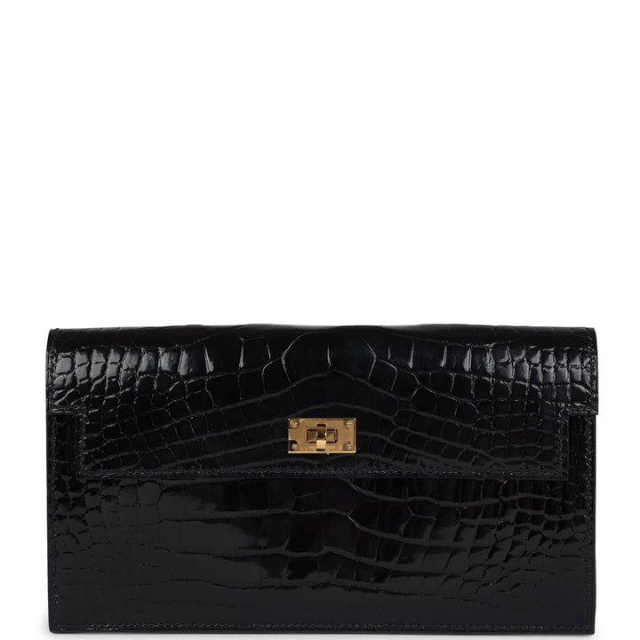 Hermes Kelly Pocket Long Wallet Black Shiny Alligator Gold Hardware