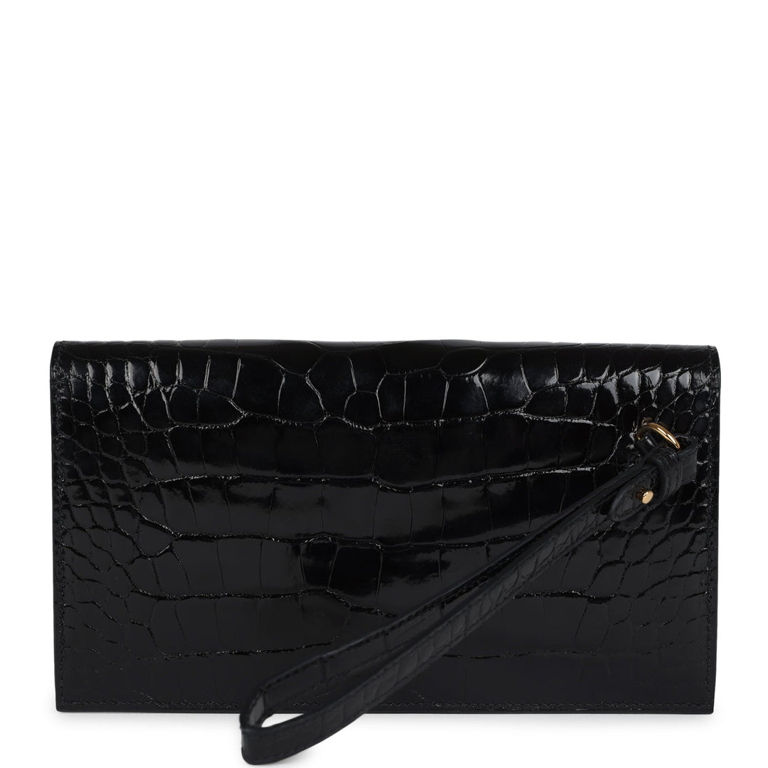 Hermes Kelly Pocket Long Wallet Black Shiny Alligator Gold Hardware
