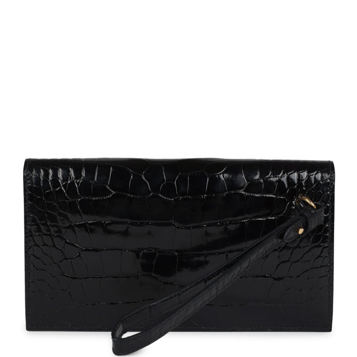 Hermes Kelly Pocket Long Wallet Black Shiny Alligator Gold Hardware