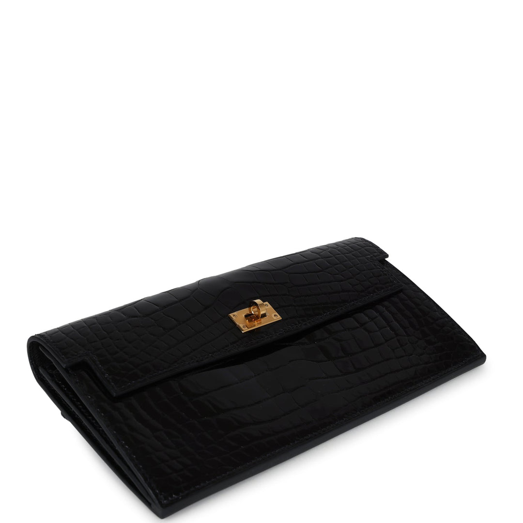 Hermes Kelly Pocket Long Wallet Black Shiny Alligator Gold Hardware