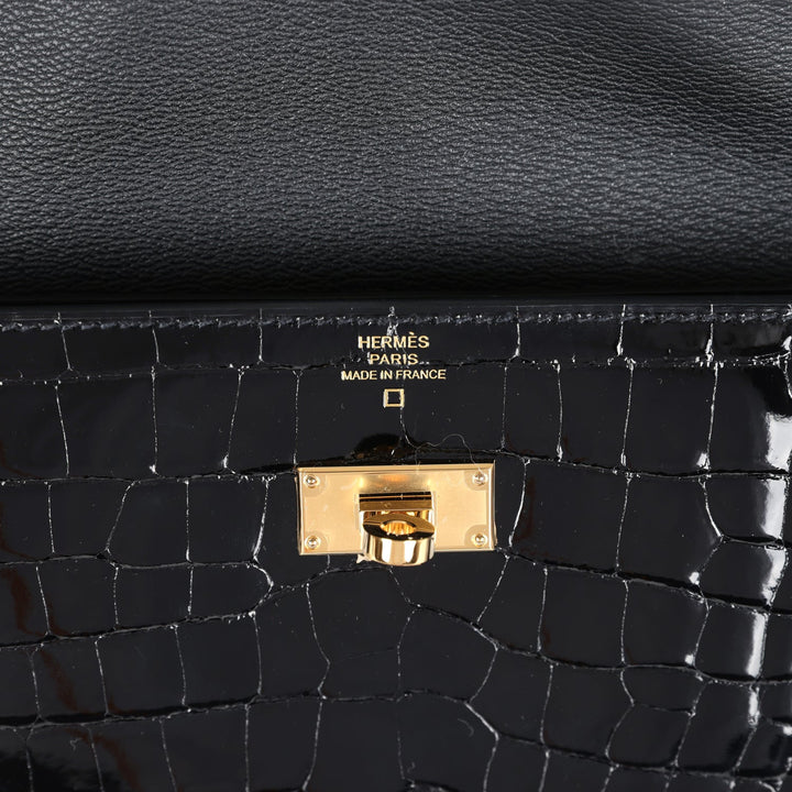 Hermes Kelly Pocket Long Wallet Black Shiny Alligator Gold Hardware