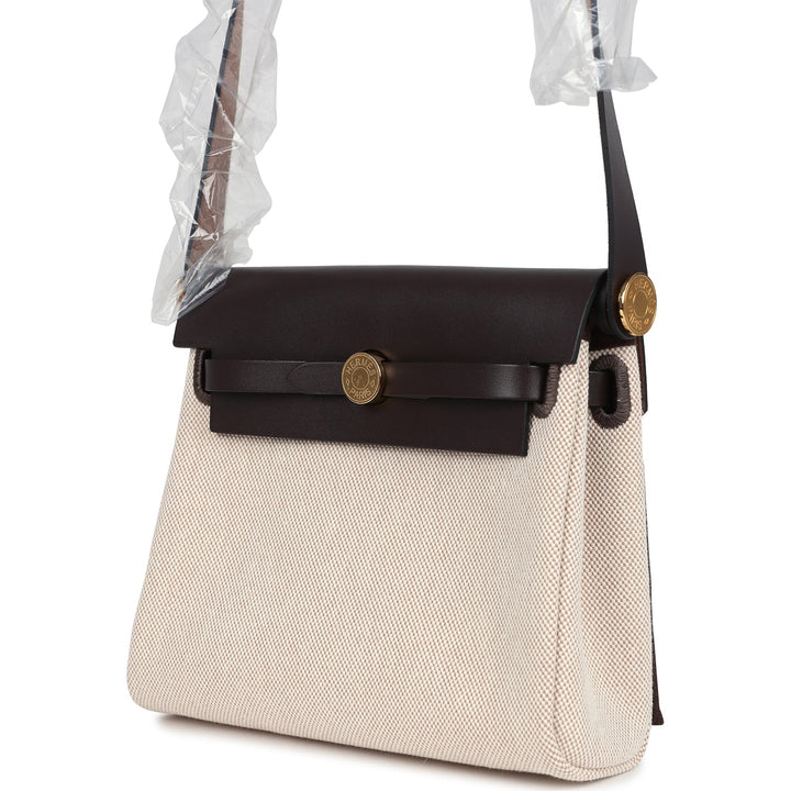 Hermes Herbag Zip 20 Mini Ecru and Beige Toile H Canvas and Ebene Vache Hunter Gold Hardware