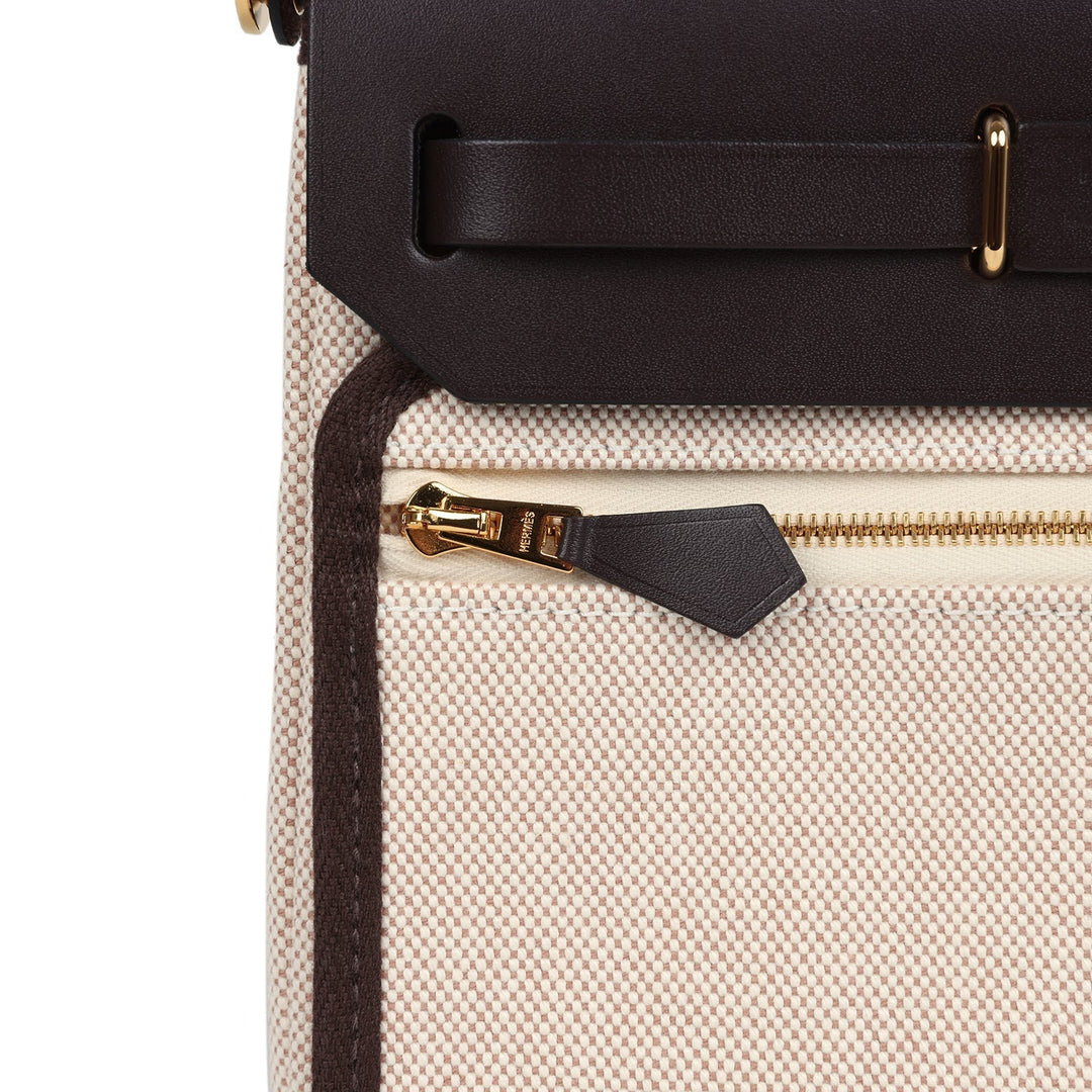Hermes Herbag Zip 20 Mini Ecru and Beige Toile H Canvas and Ebene Vache Hunter Gold Hardware