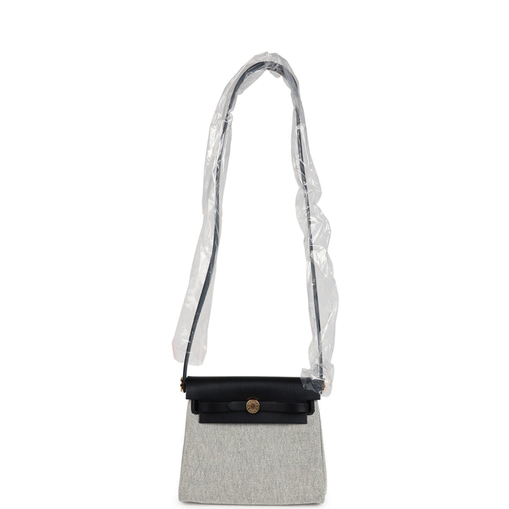 Hermes Herbag Zip 20 Mini Ecru and Black Toile H Canvas and Black Vache Hunter Gold Hardware