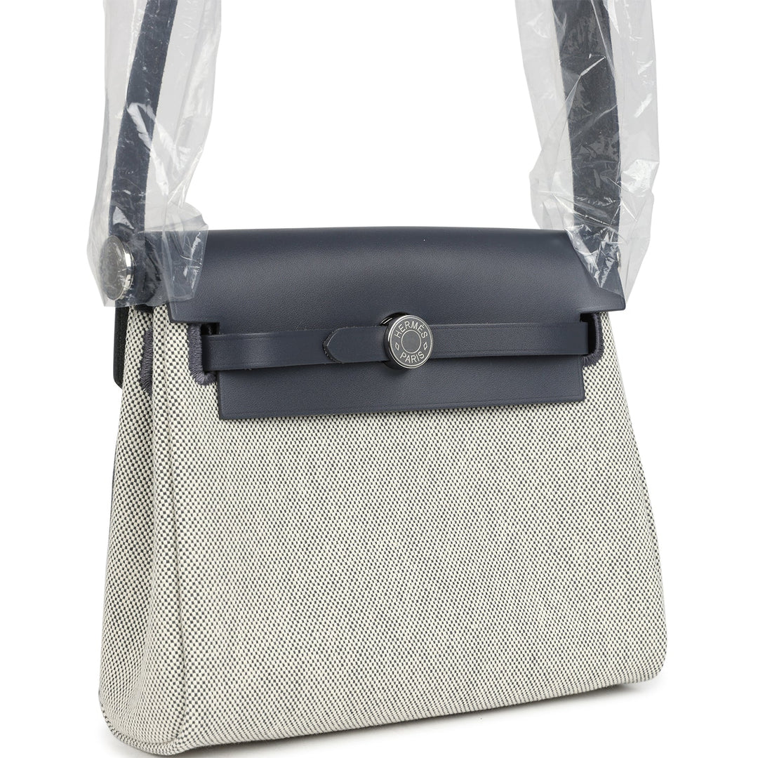 Hermes Herbag Zip 20 Mini Ecru and Ardoise Toile H Canvas and Ardoise Vache Hunter Palladium Hardware