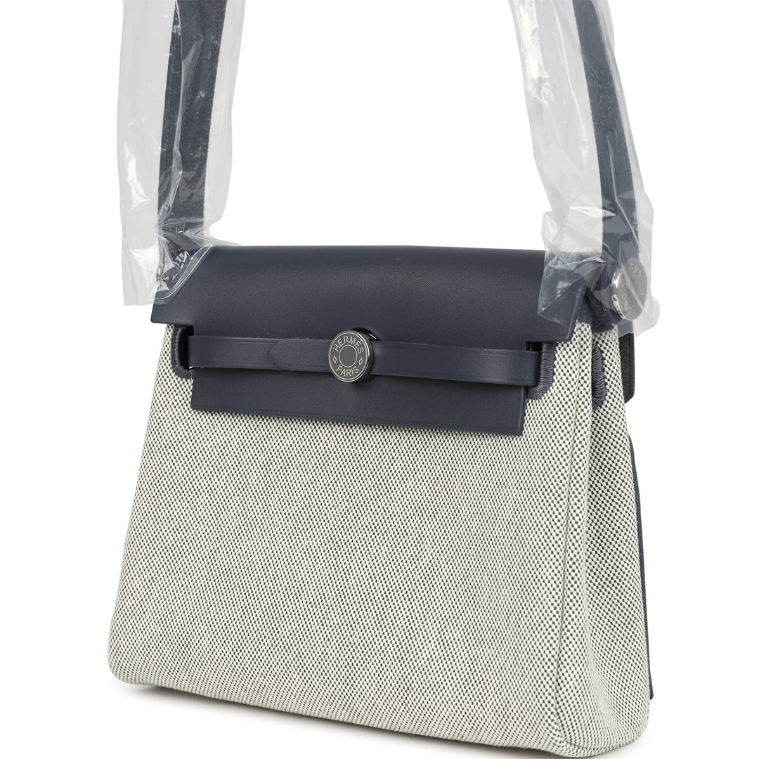 Hermes Herbag Zip 20 Mini Ecru and Ardoise Toile H Canvas and Ardoise Vache Hunter Palladium Hardware