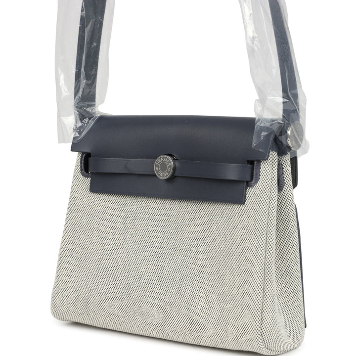 Hermes Herbag Zip 20 Mini Ecru and Ardoise Toile H Canvas and Ardoise Vache Hunter Palladium Hardware
