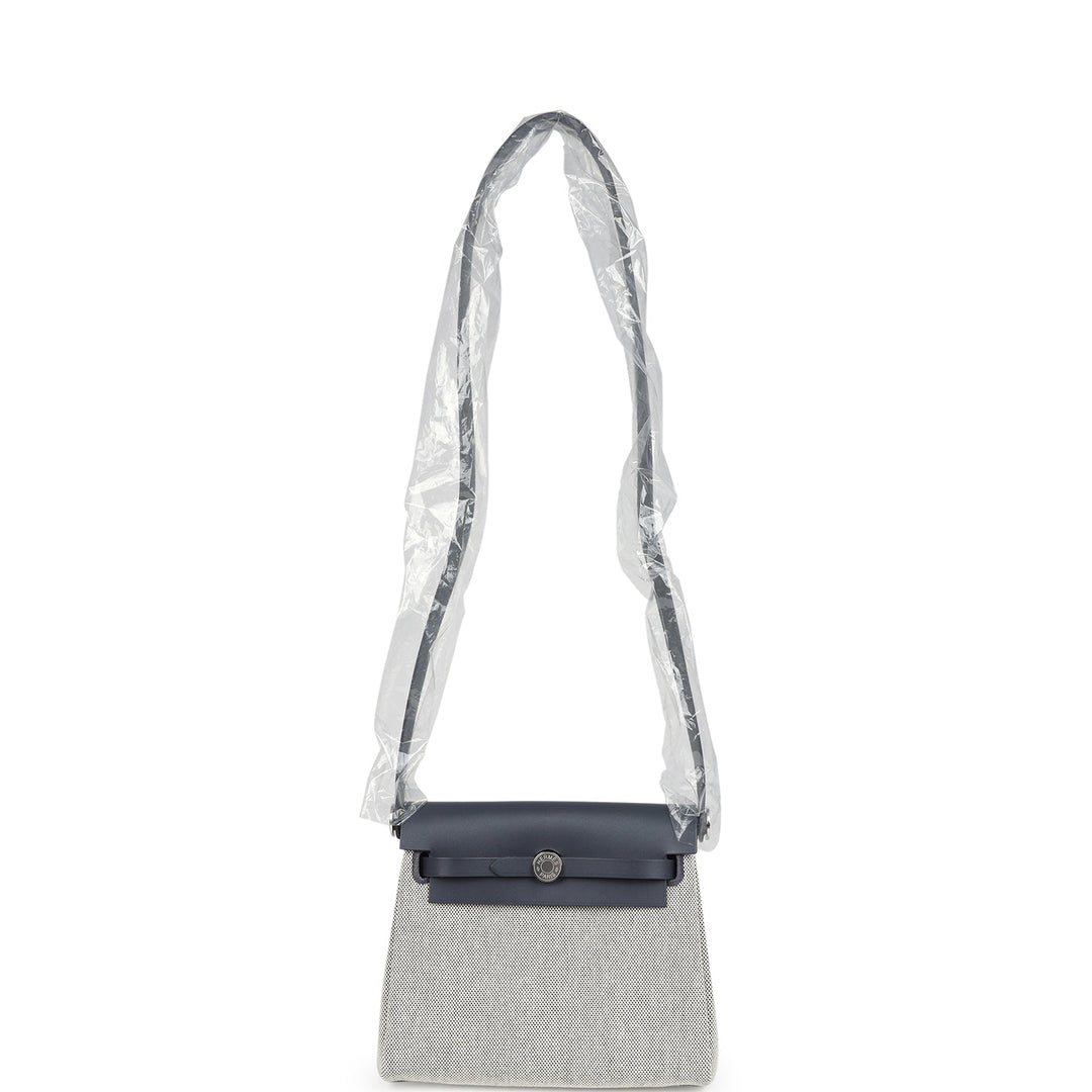 Hermes Herbag Zip 20 Mini Ecru and Ardoise Toile H Canvas and Ardoise Vache Hunter Palladium Hardware
