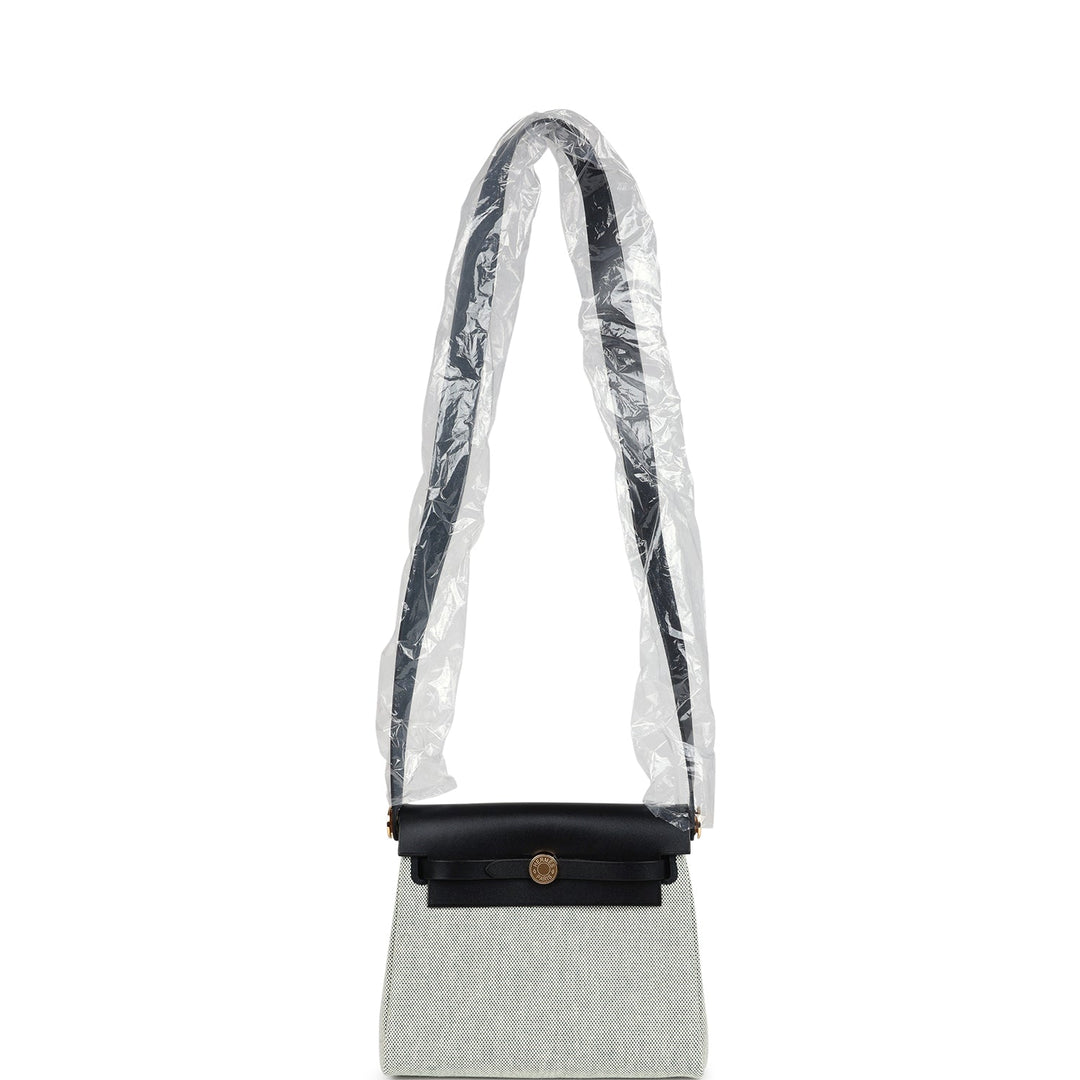 Hermes Herbag Zip 20 Mini Ecru and Vert Moyen Toile H Canvas and Black Vache Hunter Gold Hardware