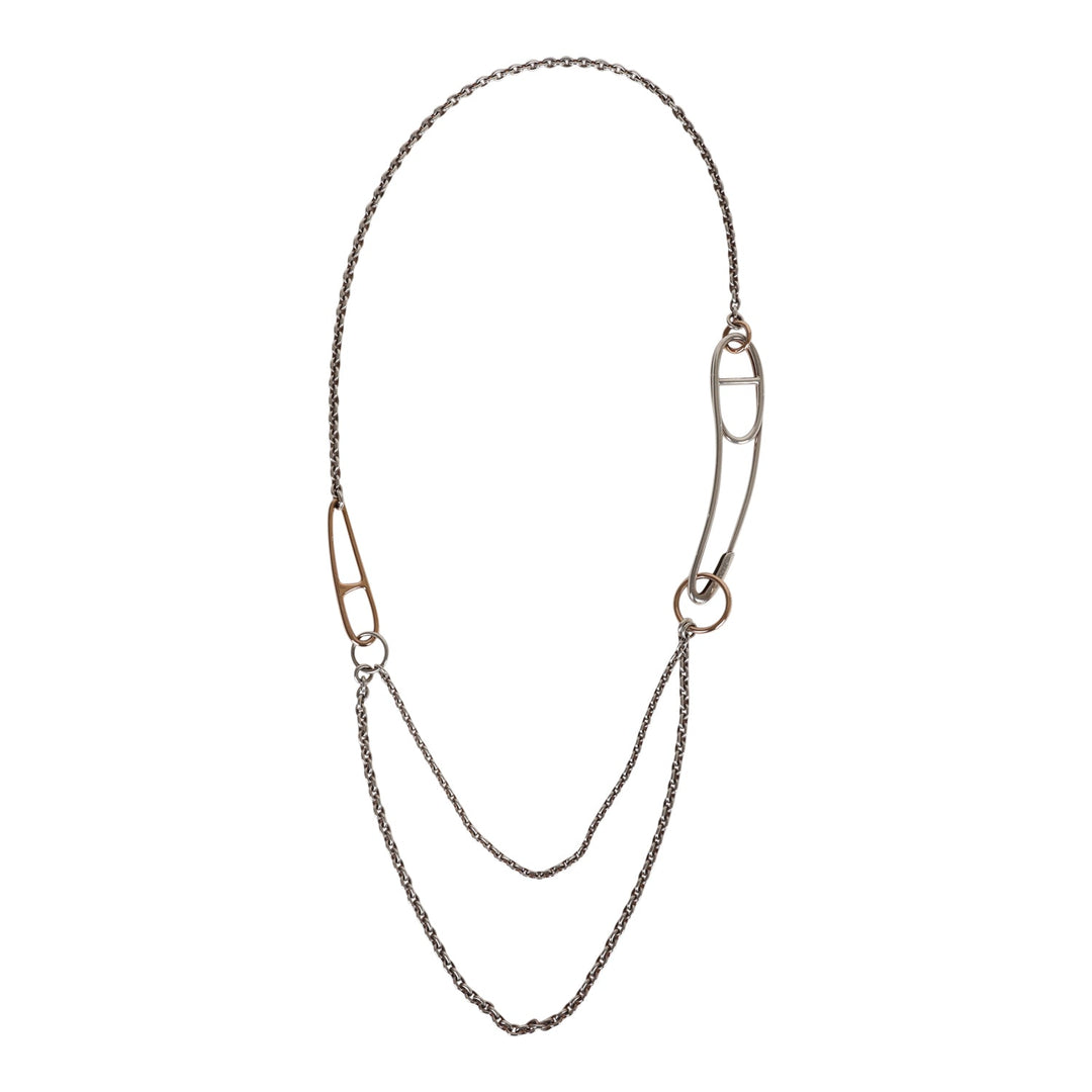 Top quality Hermes Silver and Rose Gold Chain D'ancre Punk Long Double Necklace