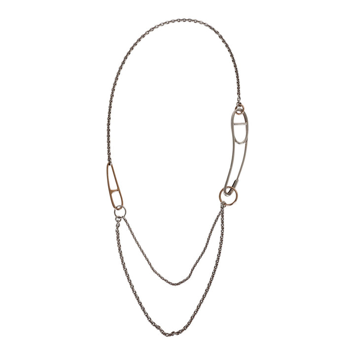 Top quality Hermes Silver and Rose Gold Chain D'ancre Punk Long Double Necklace