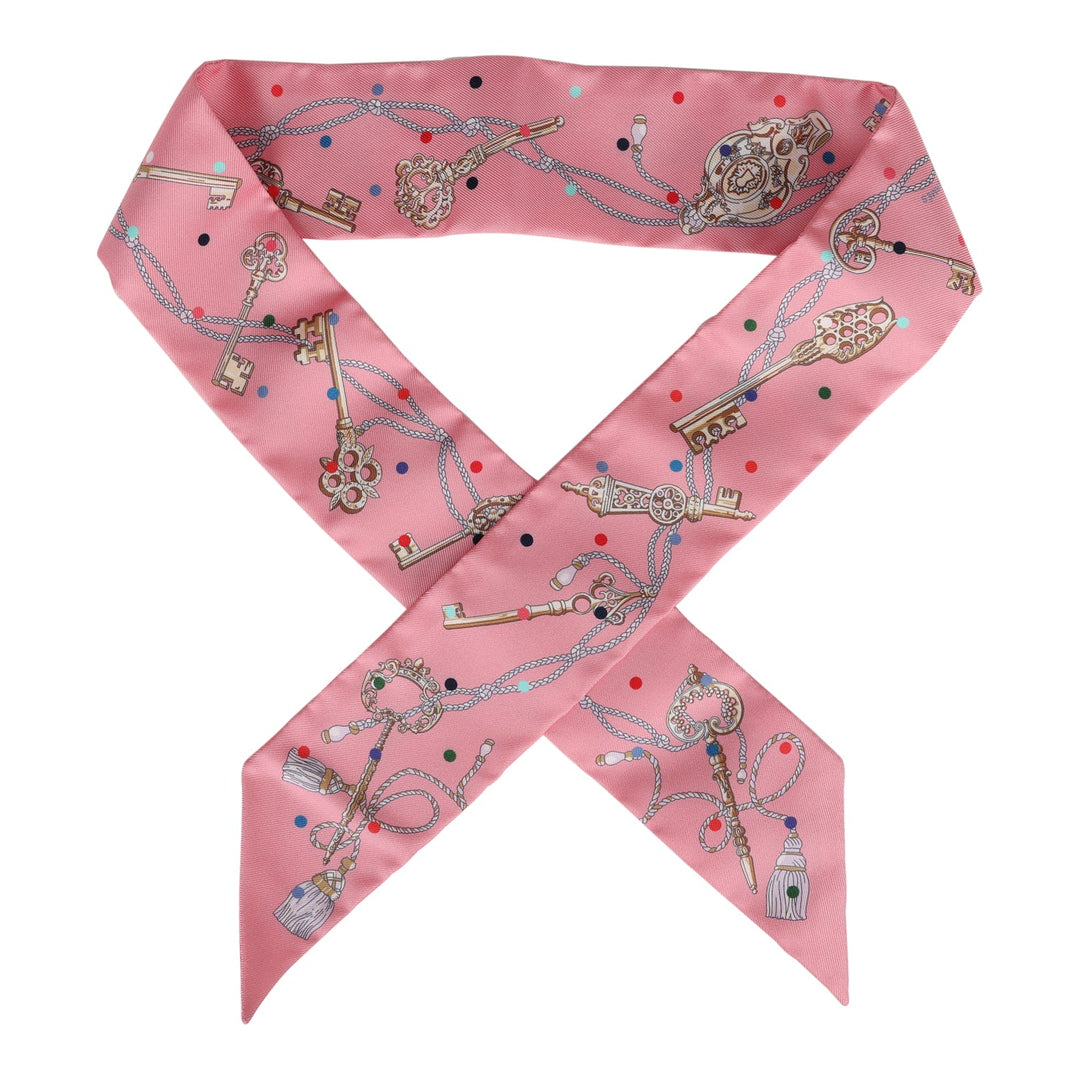 Top quality Hermes "Les Cles A Pois" Rose Silk Twilly Pair