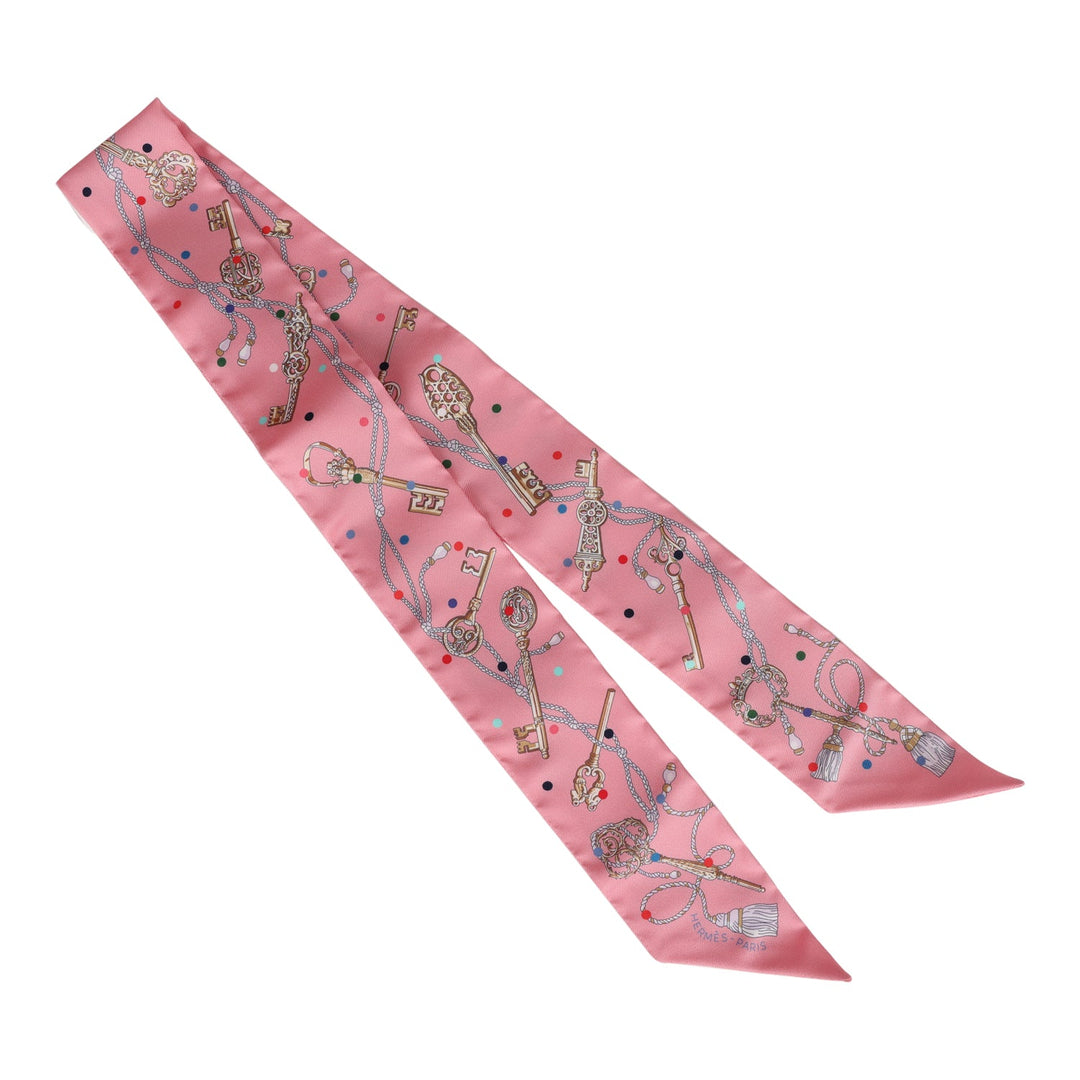 Top quality Hermes "Les Cles A Pois" Rose Silk Twilly Pair