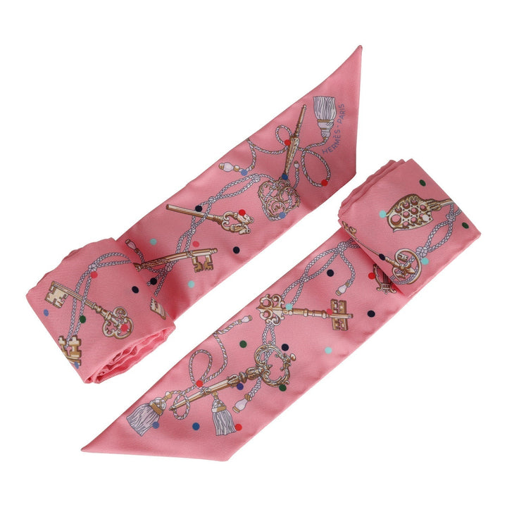 Top quality Hermes "Les Cles A Pois" Rose Silk Twilly Pair