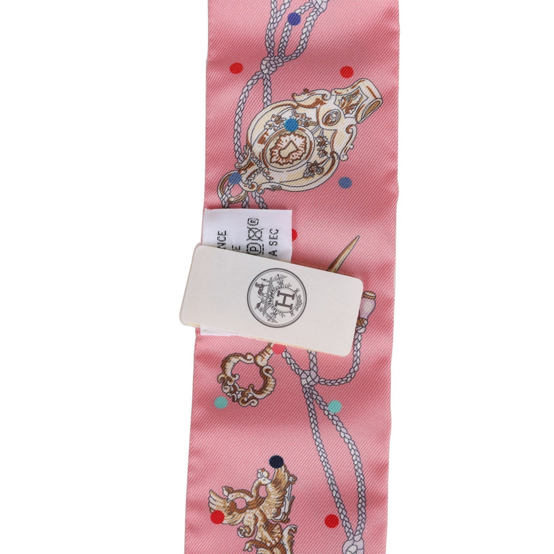 Top quality Hermes "Les Cles A Pois" Rose Silk Twilly Pair