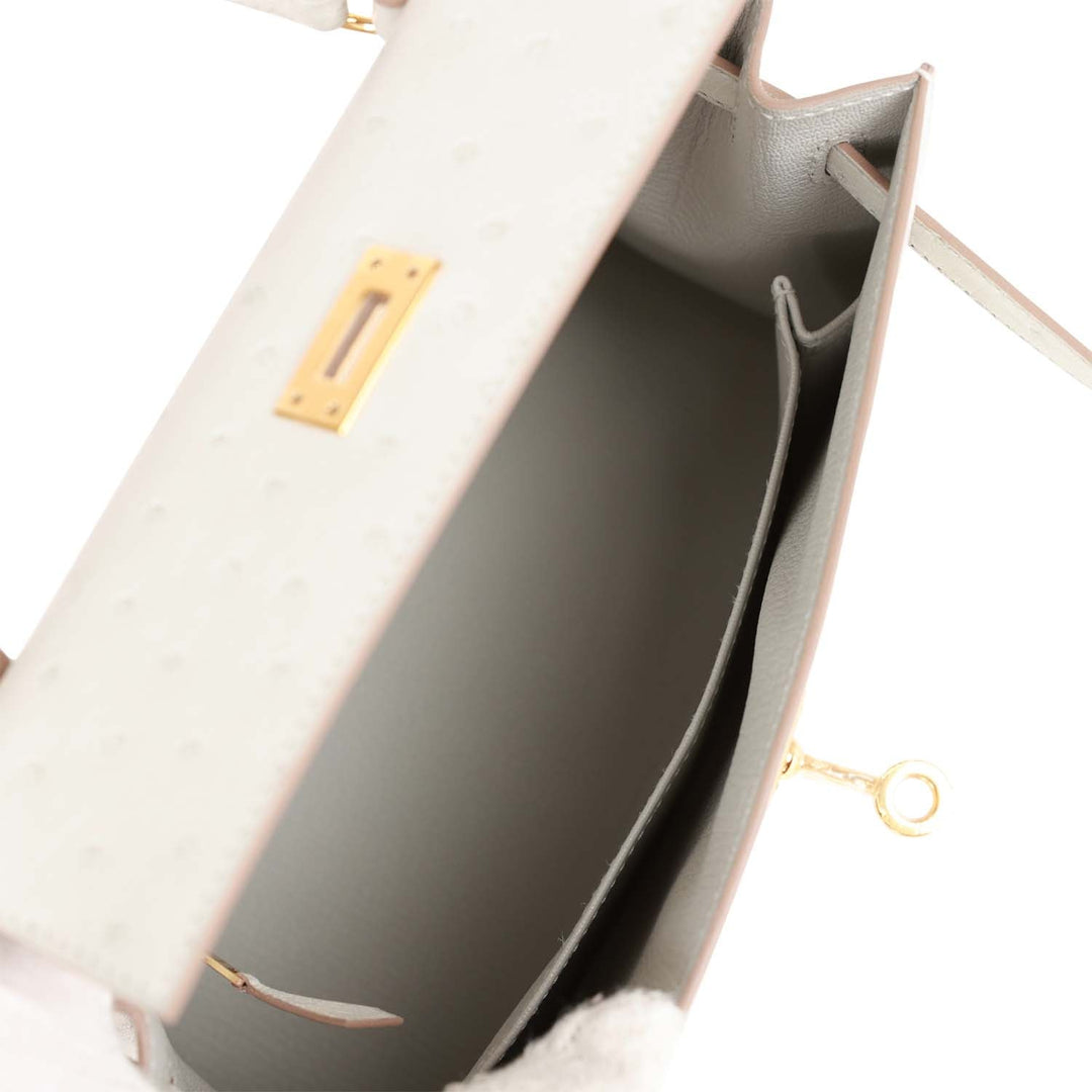 Hermes Kelly 25 Sellier Gris Perle Ostrich Gold Hardware