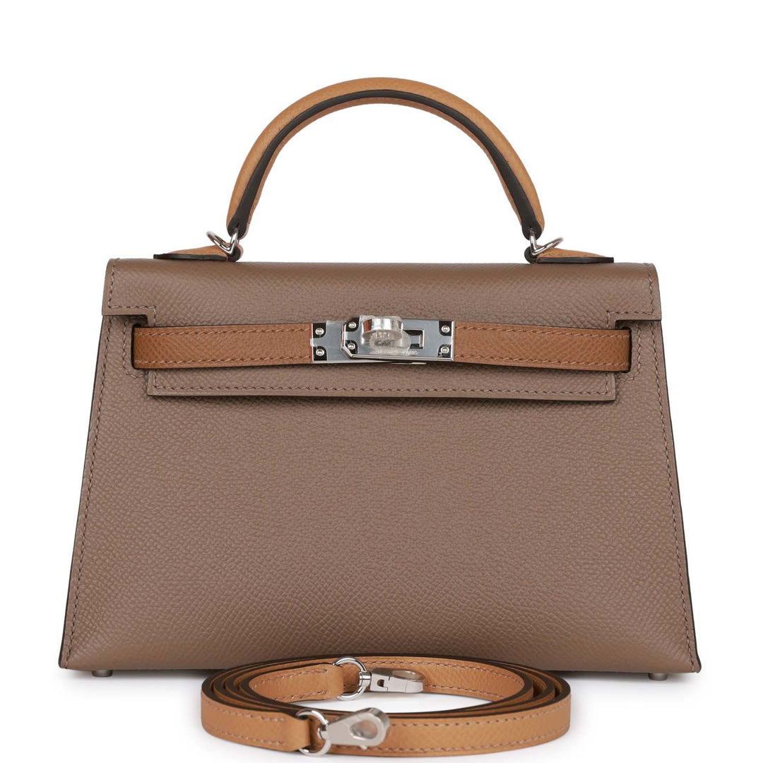 Hermes Kelly 20 Sellier Tricolor Etoupe, Alezan and Biscuit Epsom Palladium Hardware