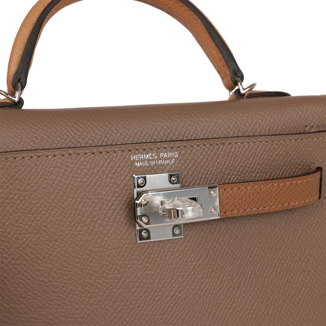 Hermes Kelly 20 Sellier Tricolor Etoupe, Alezan and Biscuit Epsom Palladium Hardware