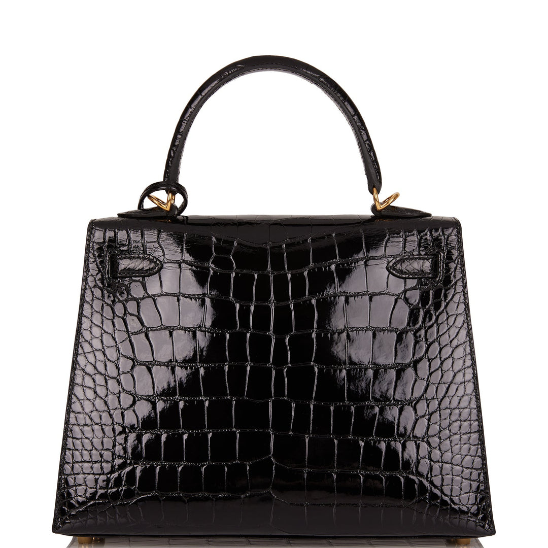 Hermes Kelly 25 Sellier Black Shiny Alligator Gold Hardware