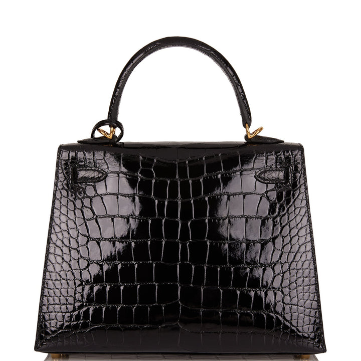 Hermes Kelly 25 Sellier Black Shiny Alligator Gold Hardware