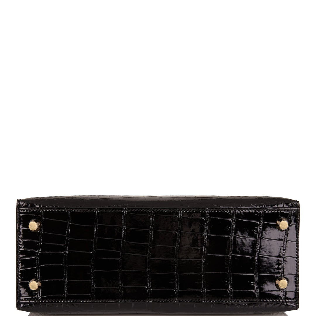 Hermes Kelly 25 Sellier Black Shiny Alligator Gold Hardware