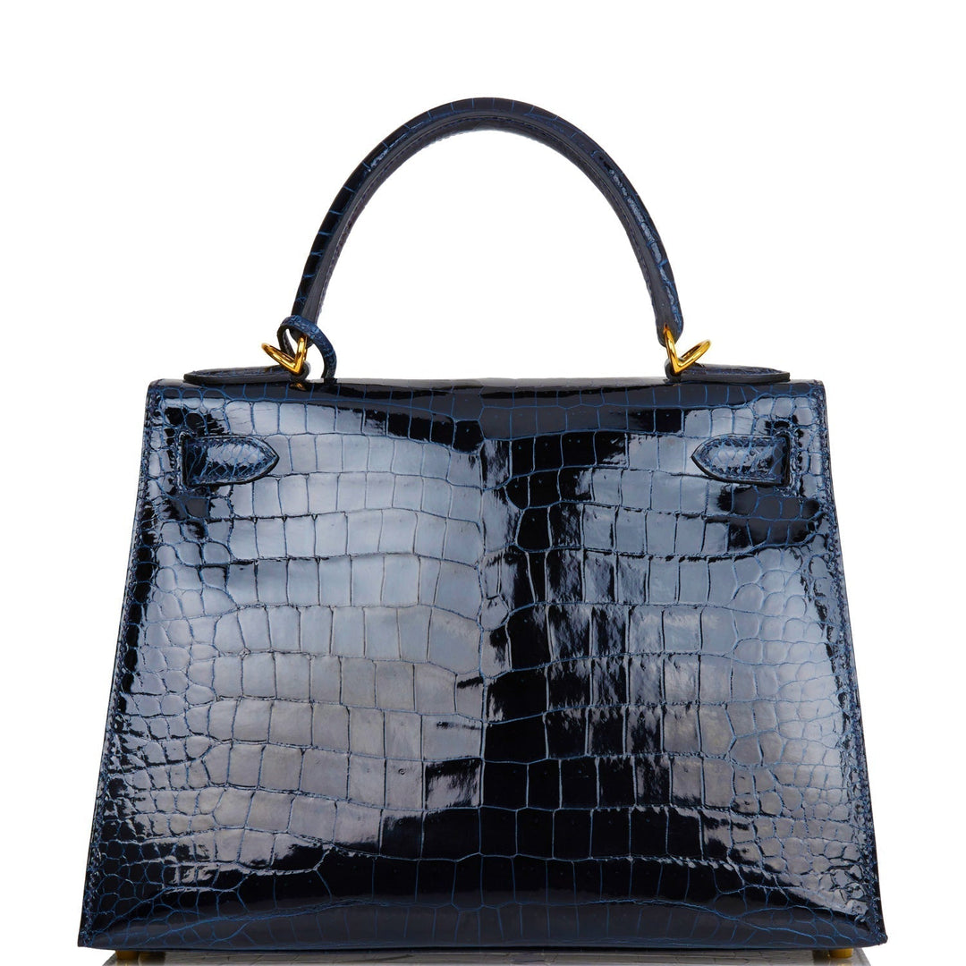 Hermes Kelly 28 Sellier Bleu Baltique Shiny Porosus Crocodile Gold Hardware