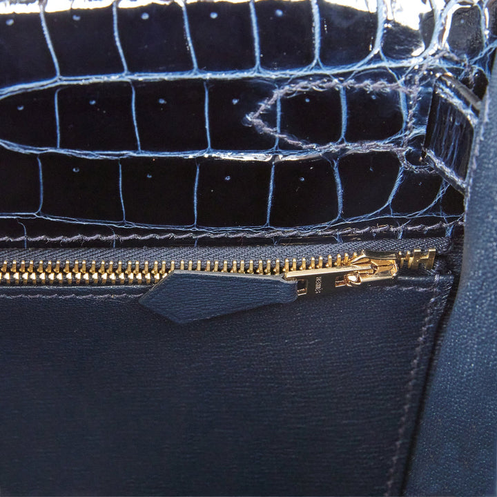 Hermes Kelly 28 Sellier Bleu Baltique Shiny Porosus Crocodile Gold Hardware